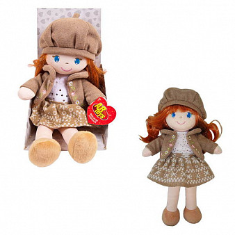 Кукла мягконабивная, в коричневом беретте  и фетровом костюме,  36 см, в открытой коробке