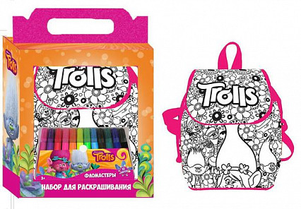 Набор для творчества. Раскрась  рюкзачок "Тролли": сумка 28*28*10 см,фломастеры 12 цветов