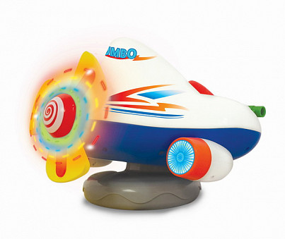 Форма игрушки напоминает бело-синий самолет, украшенный яркими тематическими наклейками с пропеллером и турбинами. Игровая панель стилизована под пане