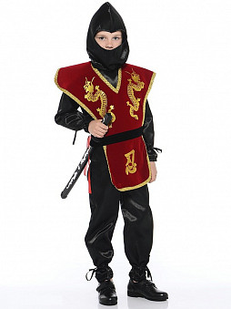 Костюм карнавальный "НИНДЗЯ" красный (куртка , брюки,накидка с поясом, шапка, меч Ниндзя) (текстиль) размер 32