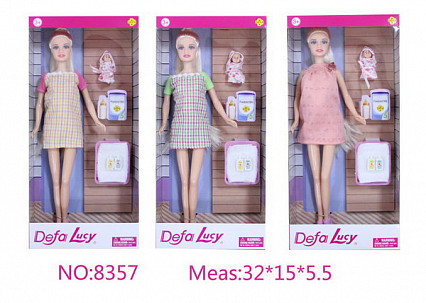 Кукла Defa с аксессуарами (ребенок, бутылочка, ванночка, полотенце мыло), 3 вида в ассорт., 15x5.5x32cm