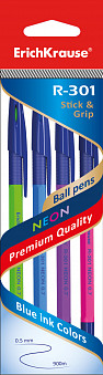 Ручка шариковая R-301 NEON 0.7 Stick&Grip в наборе из 4 штук  СИНИЕ (пакет)