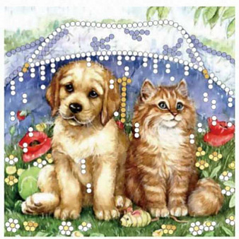 Набор для вышивания бисером 15x15 см (частичное заполнение,канва с рис) Кот и щенок под зонтом