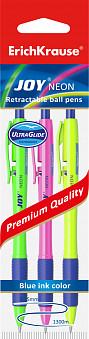 Ручка шариковая автоматическая Ultra Glide Technology JOY Neon в наборе из 3 штук (пакет), 0,7 мм, СИНИЕ