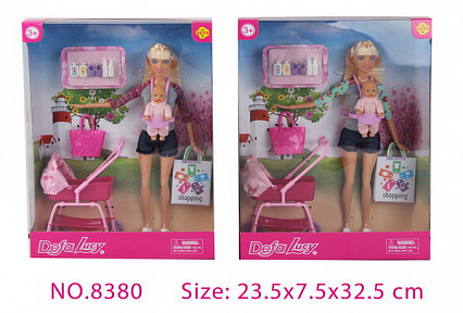 Кукла Defa с аксессуарами (ребенок, коляска, сумка, пакет), 2 вида в ассорт., 23.5x7.5x32.5cm