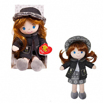 Кукла мягконабивная, в серой шляпке  и фетровом костюме,  36 см, в открытой коробке