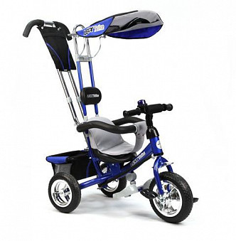 Велосипед LEXX Trike 3-колесный пластмассовые колеса 10"/8", тяга, ручка, страховой обод., памперс, рюкзак, синий