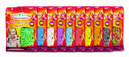 Crazy Loom. Цветные резиночки, Набор в пакете: 500 резинок, крючок. (содержит один из 10 основных цветов)