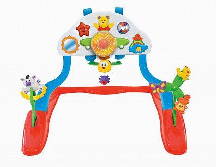 Увлекательный гимнастический центр это не только яркая игрушка, но и турничок, с помощью которого малыш может попытаться приподняться или сесть. На яр