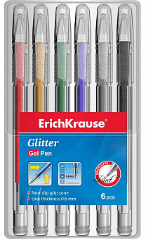 Ручка гелевая Glitter в наборе из 6 штук (пауч, ассорти шесть цветов) ErichKrause
