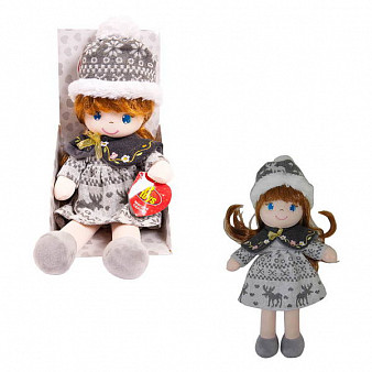 Кукла мягконабивная, в серой шапочке и фетровом платье,  36 см, в открытой коробке