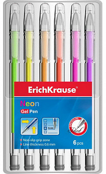 Ручка гелевая Neon в наборе из 6 штук (пауч, ассорти шесть цветов) ErichKrause