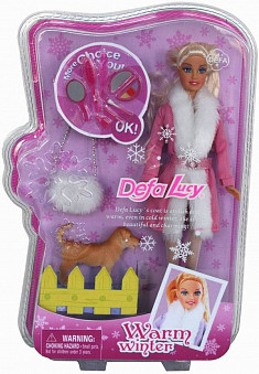 Кукла Defa в шубке, с собачкой, пластик. кор, 29см