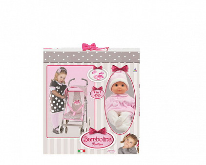 Коляска прогулочная для куклы с поворотными колесами в комплекте с куклой (частично мягконабивная) и набором аксессуаров